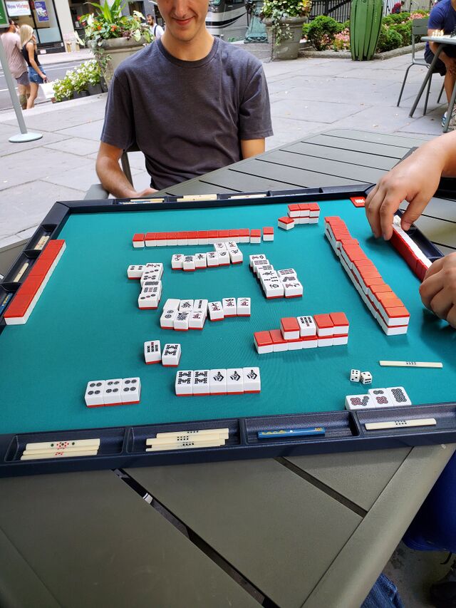 First game with my new tiles. I really love the bamboo back and how they  feel when handling them. Sadly only with some two-player-riichi rules I  found online : r/Mahjong